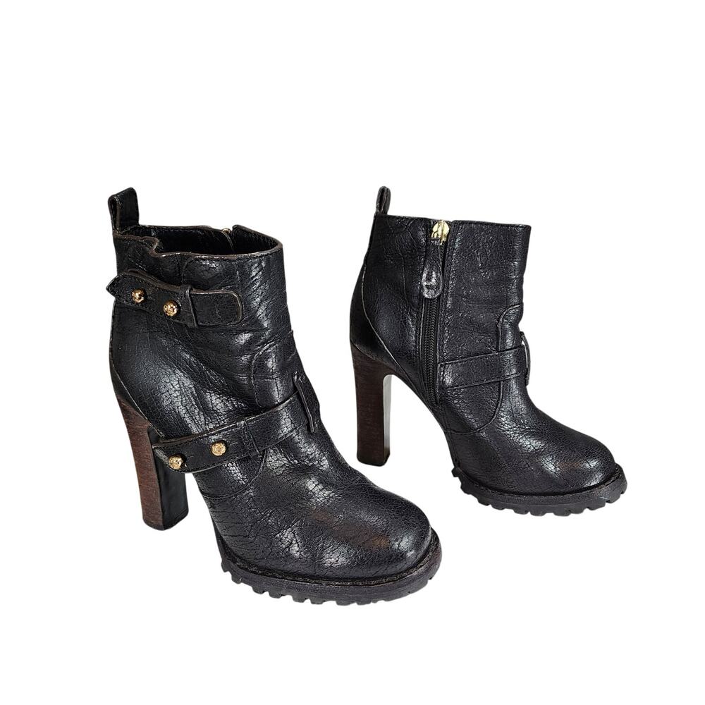 Tory‎ Burch sz 5 Landers Moto Ankle Boots Bootie Women Black Lug Sole Studs 3.5"